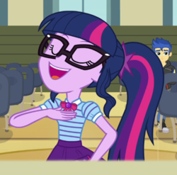 Size: 454x449 | Tagged: safe, screencap, flash sentry, sci-twi, twilight sparkle, all the world's off stage, equestria girls, g4, my little pony equestria girls: better together, cropped, female, geode of telekinesis, glasses, male, ponytail