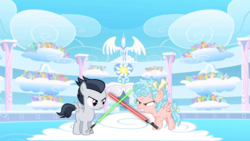 Size: 1564x880 | Tagged: safe, artist:jawsandgumballfan24, cozy glow, rumble, pegasus, pony, g4, angry, cloud, cloudsdale, colt, cozy glow is not amused, female, filly, foal, jedi, lightsaber, looking at each other, male, sith, star wars, weapon
