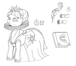 Size: 2000x1751 | Tagged: safe, artist:sepiakeys, twilight sparkle, pony, g4, alternate hairstyle, book, clothes, crown, dress, ear fluff, elizabethan, female, inkwell, jewelry, lineart, monochrome, new crown, quill, regalia, ruff (clothing), scroll, solo