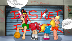 Size: 1024x576 | Tagged: safe, artist:susanzx2000, oc, earth pony, pony, unicorn, bad girl, badass, basket, ponified