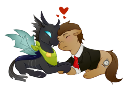 Size: 1024x710 | Tagged: safe, artist:guiltyp, oc, oc only, oc:clock, oc:forge, changeling, earth pony, pony, bandana, blushing, clothes, eyes closed, floating heart, gay, heart, male, necktie, prone, simple background, stallion, transparent background