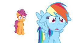 Size: 1052x592 | Tagged: safe, artist:pupster0071, rainbow dash, scootaloo, pegasus, pony, series:everything is broken, g4, animated, duo, female, filly, floppy ears, i can't believe it's mspaint, legitimately amazing mspaint, looking back, mare, ms paint, simple background, white background