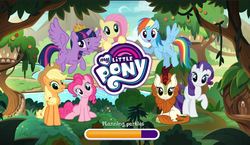 Size: 837x485 | Tagged: safe, gameloft, applejack, autumn blaze, fluttershy, pinkie pie, rainbow dash, rarity, twilight sparkle, alicorn, earth pony, kirin, pegasus, pony, unicorn, g4, sounds of silence, awwtumn blaze, cute, dashabetes, diapinkes, female, kirin village, loading screen, looking at you, mane six, my little pony logo, new crown, raribetes, shyabetes, sitting, smiling, twilight sparkle (alicorn)