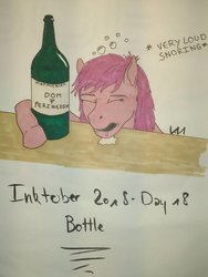 Size: 774x1032 | Tagged: safe, artist:0-van-0, berry punch, berryshine, earth pony, pony, g4, alcohol, bottle, drool, drunk, drunk bubbles, female, inktober, inktober 2018, sleeping, snoring, solo, traditional art