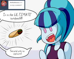 Size: 1000x800 | Tagged: safe, artist:jake heritagu, sonata dusk, comic:aria's archives, equestria girls, g4, clothes, cute, female, food, solo, sonataco, taco, tank top