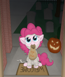 Size: 2643x3109 | Tagged: safe, artist:davinciwolf, pinkie pie, earth pony, pony, g4, clothes, costume, cute, diapinkes, female, halloween, high res, holiday, jack-o-lantern, mummy, nightmare night, pumpkin, solo, trick or treat