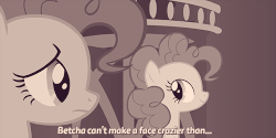 Size: 500x250 | Tagged: safe, edit, edited screencap, screencap, pinkie pie, g4, too many pinkie pies, animated, clone, clothes, female, funny face, g3 faic, monochrome, multeity, pinkie clone, sepia, too much pink energy is dangerous
