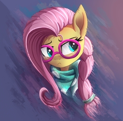 Size: 1390x1366 | Tagged: safe, artist:atlas-66, fluttershy, pegasus, pony, g4, abstract background, alternate hairstyle, braid, bust, clothes, female, glasses, hipstershy, looking away, looking sideways, mare, portrait, scarf, solo