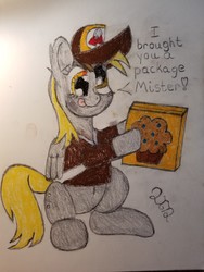 Size: 3024x4032 | Tagged: safe, artist:2tailedderpy, derpy hooves, pegasus, pony, g4, collar, dialogue, ear fluff, female, food, hat, mail, mailmare, muffin, package, signature, sitting, solo, tail, tongue out, traditional art