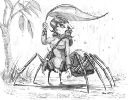 Size: 1400x1097 | Tagged: safe, artist:baron engel, oc, oc only, oc:charlotte silk, drider, monster pony, original species, spider, spiderpony, anthro, breasts, clothes, female, grayscale, leaf, micro, monochrome, pencil drawing, rain, solo, sweater, traditional art