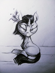 Size: 3000x4000 | Tagged: safe, artist:ponsce, oc, oc only, pony, unicorn, flower, monochrome, solo, traditional art