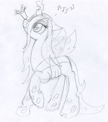 Size: 800x904 | Tagged: safe, artist:foxxy-arts, queen chrysalis, changeling, changeling queen, g4, balancing, bored, crown, cute, cutealis, female, humming, jewelry, music notes, ponies balancing stuff on their nose, profile, raised hoof, regalia, silly, sketch, smiling, solo, traditional art