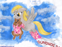 Size: 1180x900 | Tagged: safe, artist:foxxy-arts, derpy hooves, groundhog, pegasus, pony, g4, banner, carrying, clothes, dialogue, flying, groundhog day, heart print, rescue, sky, socks, speech bubble, traditional art
