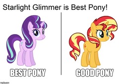 Size: 737x500 | Tagged: safe, starlight glimmer, sunset shimmer, pony, unicorn, g4, arial, best pony, comparison, female, impact font, mare, positivity, s5 starlight, simple background, text, white background