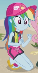 Size: 1096x2100 | Tagged: safe, screencap, fluttershy, rainbow dash, aww... baby turtles, equestria girls, equestria girls series, g4, beach, cap, clothes, cropped, feet, female, flip-flops, geode of super speed, graveyard of comments, hat, heel pop, kneeling, magical geodes, rainbow dash's beach shorts swimsuit, sandals, shorts, solo focus, swimming trunks, swimsuit