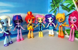 Size: 2800x1795 | Tagged: safe, artist:whatthehell!?, applejack, fluttershy, pinkie pie, rarity, sunset shimmer, trixie, twilight sparkle, equestria girls, g4, my little pony equestria girls: better together, barefoot, beach, clothes, doll, equestria girls minis, eqventures of the minis, feet, flip-flops, glasses, irl, photo, sandals, sarong, swimsuit, toy