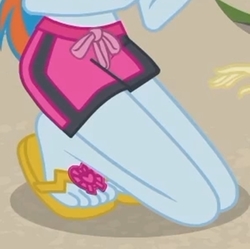 Size: 2100x2093 | Tagged: safe, screencap, fluttershy, rainbow dash, aww... baby turtles, equestria girls, equestria girls series, g4, clothes, cropped, feet, flip-flops, foot focus, heel pop, high res, kneeling, legs, pictures of legs, sandals, shorts, solo focus, swimming trunks