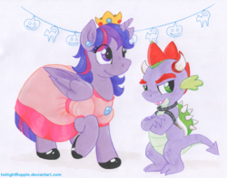 Size: 1142x900 | Tagged: safe, artist:foxxy-arts, spike, twilight sparkle, alicorn, dragon, pony, g4, bowser, bowspike, bracelet, clothes, collar, cosplay, costume, crossed arms, crown, decoration, dress, duo, dye, ear piercing, eyebrows, horns, jewelry, koopa shell, male, nightmare night, nightmare night costume, open mouth, piercing, princess peach, princess twipeach, raised hoof, regalia, shell, shoes, simple background, smiling, super mario bros., traditional art, twilight sparkle (alicorn), white background