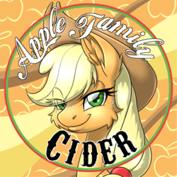 Size: 900x900 | Tagged: safe, artist:ravvij, applejack, earth pony, pony, fallout equestria, g4, bottle, bottlecap, cap, cider, cowboy hat, cute, ear fluff, fallout, fanfic, fanfic art, female, hat, hooves, mare, ministry mares, ministry of wartime technology, smiling, solo, sparkle cola, stetson, top