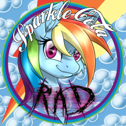 Size: 900x900 | Tagged: safe, artist:ravvij, rainbow dash, pegasus, pony, fallout equestria, bottlecap, bust, cap, cloud, cute, ear fluff, fallout, fanfic, fanfic art, female, hat, mare, ministry mares, ministry of awesome, muzzle fluff, portrait, rainbow, solo, sparkle cola, text, wings