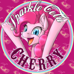 Size: 899x899 | Tagged: safe, artist:ravvij, pinkie pie, earth pony, pony, fallout equestria, g4, bottle, bottlecap, cap, cheer, cherry, cute, ear fluff, fallout, fanfic, fanfic art, female, food, grin, happy, hat, hooves, mare, ministry mares, ministry of morale, open mouth, pie, pink, sakura pie, smiling, soda, solo, sparkle, sparkle cola, text, top