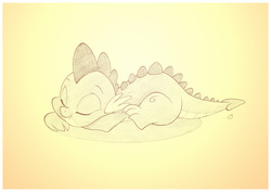Size: 1042x737 | Tagged: safe, artist:sherwoodwhisper, spike, dragon, g4, baby, baby dragon, cute, eyes closed, fangs, gradient background, male, monochrome, pencil drawing, signature, sleeping, smiling, solo, spikabetes, traditional art