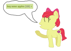 Size: 1060x760 | Tagged: safe, apple bloom, pony, derpibooru, apple bloom's bow, bow, buy some apples, derpimilestone, female, hair bow, meta, simple background, solo, white background