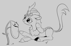 Size: 1284x834 | Tagged: safe, artist:dusthiel, autumn blaze, kirin, g4, sounds of silence, carnivorous plant, cloven hooves, female, gray background, grayscale, ink drawing, inktober, monochrome, pitcher plant, raised hoof, simple background, sketch, solo, traditional art