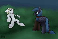 Size: 2081x1387 | Tagged: safe, artist:the-furry-railfan, oc, oc only, oc:night strike, oc:parchment bleach, bush, dazed, deflation, night, smiling, smirk, story included