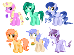 Size: 3168x2376 | Tagged: safe, artist:thecheeseburger, oc, earth pony, pegasus, pony, unicorn, blue hair, burger, cheeseburger, cute, cutie mark, female, food, green hair, group, hamburger, high res, ice cream, male, mare, simple background, smiling, stallion, transparent background