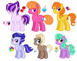 Size: 3600x2880 | Tagged: safe, artist:thecheeseburger, oc, oc:pinwheel, earth pony, pegasus, pony, coffee, cupcake, cute, cutie mark, female, flower, food, grapes, group, high res, male, mare, orange, orange hair, pinwheel (toy), poppy, simple background, smiling, stallion, sunflower, transparent background