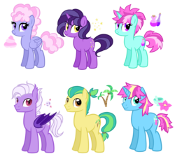 Size: 3528x3240 | Tagged: safe, artist:thecheeseburger, oc, bat pony, earth pony, pegasus, pony, unicorn, bat pony oc, cotton candy, cutie mark, female, group, high res, male, mare, moon, palm tree, pink hair, potions, simple background, stallion, stars, transparent background, tree