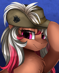 Size: 1446x1764 | Tagged: safe, artist:pridark, oc, oc only, oc:lamington, earth pony, pony, australian, bust, chest fluff, commission, female, hat, mare, military uniform, portrait, slouch hat, solo