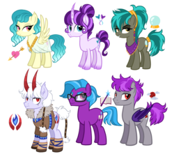 Size: 3240x2952 | Tagged: safe, artist:thecheeseburger, oc, bat pony, butterfly, earth pony, pegasus, pony, unicorn, antagonist, bat pony oc, cutie mark, female, fortune teller, glasses, group, heart, high res, horn, magic, male, mare, multiple horns, purple hair, simple background, stallion, transparent background, villain oc