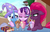 Size: 2180x1410 | Tagged: safe, artist:ratofdrawn, fizzlepop berrytwist, starlight glimmer, tempest shadow, trixie, pony, unicorn, g4, airship, blushing, book, broken horn, cherry, clothes, cute, diatrixes, drinking, eye scar, eyes closed, female, floppy ears, food, friendship journal, glimmerbetes, hat, heart eyes, hoof around neck, horn, lesbian, looking down, mare, milkshake, milkshake ponies, outdoors, scar, ship:startrix, shipping, side hug, smiling, table, tempest's airship, tempestbetes, trio, trio female, trixie's hat, trixie's wagon, wingding eyes