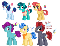 Size: 3600x2736 | Tagged: safe, artist:thecheeseburger, oc, earth pony, pegasus, pony, unicorn, g4, berry, blue hair, bow, brush, cute, cutie mark, female, flower, group, hat, high res, jester, jester hat, male, mare, piercing, red hair, simple background, smiling, stallion, transparent background