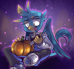 Size: 650x600 | Tagged: safe, artist:thegreatrouge, gallus, griffon, anthro, plantigrade anthro, g4, season 8, clothes, converse, halloween, holiday, knife, male, pumpkin, shoes, smiling, sneakers, solo, tongue out