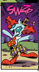 Size: 740x1360 | Tagged: safe, artist:andy price, edit, idw, official comic, ocellus, changedling, changeling, g4, spoiler:comic, spoiler:comic71, clothes, clown, clown nose, clown ocellus, clown shoes, costume, cropped, discussion in the comments, female, happy, hat, necktie, nightmare fuel, nightmare night, nightmare night costume, pants, red nose, smiling, suspenders, top hat, transformation, upscaled, waifu2x