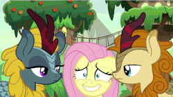 Size: 1280x720 | Tagged: safe, screencap, autumn afternoon, fluttershy, winter flame, kirin, pegasus, pony, g4, sounds of silence, animated, awkward, background kirin, faic, female, grin, male, mare, nervous, nervous smile, smiling, tree