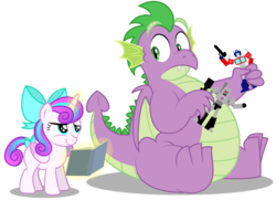 Size: 4658x3378 | Tagged: safe, artist:aleximusprime, princess flurry heart, spike, dragon, g4, book, bow, fanboy, fat, fat spike, female, hair bow, high res, looking back, megatron, older, older flurry heart, older spike, optimus prime, simple background, smiling, transformers, transparent background, vector, winged spike, wings