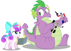 Size: 4658x3378 | Tagged: safe, artist:aleximusprime, princess flurry heart, spike, dragon, g4, book, bow, duo, fanboy, fat, fat spike, female, glowing, glowing horn, hair bow, high res, horn, larger male, looking back, magic, megatron, older, older flurry heart, older spike, optimus prime, physique difference, simple background, sitting, skinny, smaller female, smiling, telekinesis, thin, transformers, transparent background, vector, winged spike, wings