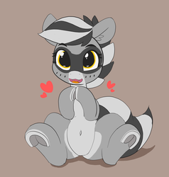 Size: 1280x1345 | Tagged: safe, artist:pabbley, oc, oc only, oc:bandy cyoot, pony, raccoon pony, belly button, cute, cute little fangs, fangs, female, frog (hoof), heart, hnnng, looking at you, ocbetes, open mouth, simple background, smiling, solo, underhoof
