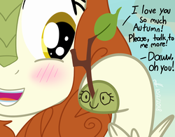 Size: 1920x1500 | Tagged: safe, artist:xwoofyhoundx, autumn blaze, kirin, g4, sounds of silence, autumn blaze's puppet, blushing, dialogue, female, solo