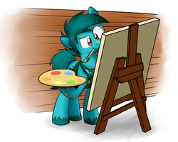 Size: 1280x1024 | Tagged: safe, artist:sugar morning, oc, oc only, oc:doodle mark, earth pony, pony, apron, brush, canvas, clothes, commission, easel, female, mare, mouth hold, paint, painting, palette, simple background, solo, tomboy, unshorn fetlocks, wall