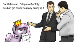 Size: 800x450 | Tagged: safe, artist:sugar morning, oc, oc only, earth pony, human, pony, car salesman, crown, female, filly, jewelry, male, mare, meme, mouth hold, regalia, simple background, slaps roof of car meme, white background