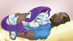 Size: 3000x1688 | Tagged: safe, artist:phucknuckl, rarity, human, pony, unicorn, g4, bed, clothes, cuddling, cute, dark skin, eyes closed, female, frog (hoof), glasses, hoofbutt, hug, human on pony snuggling, male, mare, pillow, smiling, snuggling, tail, tail wrap, underhoof, wholesome