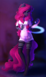 Size: 1161x1920 | Tagged: dead source, safe, artist:shenki, oc, oc only, anthro, unguligrade anthro, anthro oc, breasts, clothes, commission, explicit source, female, garter belt, garters, mare, shirt, signature, socks, solo, stockings, thigh highs, vial
