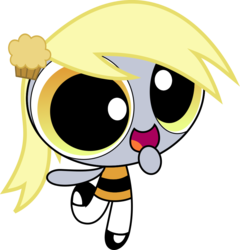 Size: 958x1000 | Tagged: safe, artist:phucknuckl, derpy hooves, pony, g4, cute, female, food, hairpin, muffin, powerpuffified, simple background, solo, the powerpuff girls, transparent background