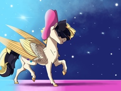 Size: 2732x2048 | Tagged: safe, artist:emmalorelai, songbird serenade, pegasus, pony, g4, my little pony: the movie, bow, colored wings, female, hair bow, high res, mare, multicolored wings, raised hoof, solo, starry background