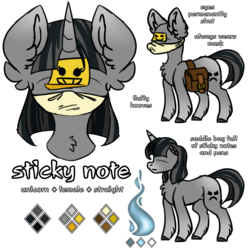 Size: 3000x3000 | Tagged: safe, artist:spoopygander, oc, oc only, oc:sticky note, pony, unicorn, chest fluff, ear fluff, female, high res, mare, mask, reference sheet, simple background, solo, transparent background, unshorn fetlocks